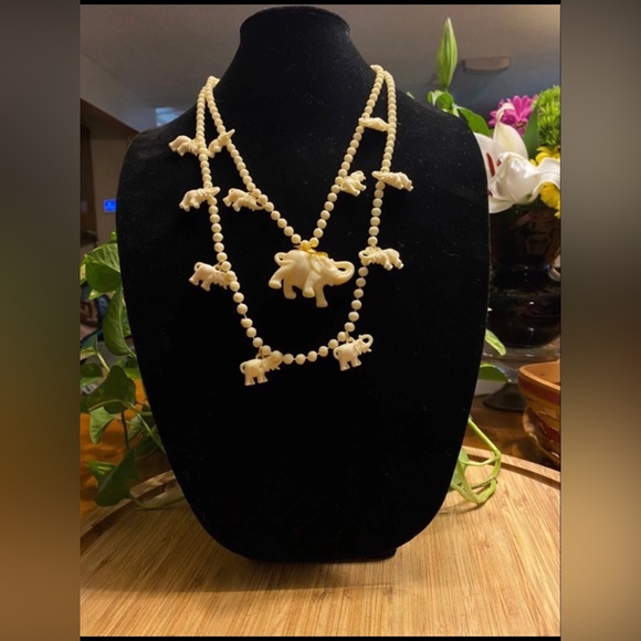 Vintage Necklace 50s Faux Bone Ivory Color Celluloid Dangle Charms Elephant 2PCs